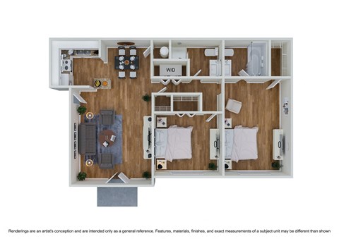 Floor plan for 2 beds, 2 baths, 1073 sqft